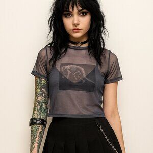 Forever 21 Womens Crop Top Small Gray Grunge Mesh Punk Skater Y2K Witchy